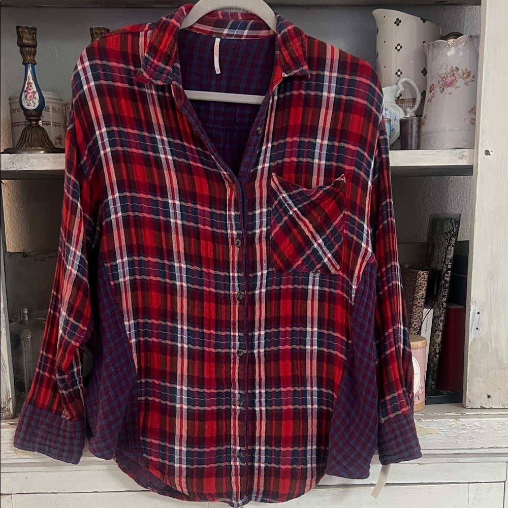 Free People Red and Blue Plaid Button Down Shirt Size XS